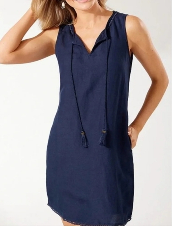 Tommy Bahama Dresses & Skirts - Tommy Bahama Navy Blue Mini Sleeveless Tank Shift Linen Dress Coverup Size M/L
